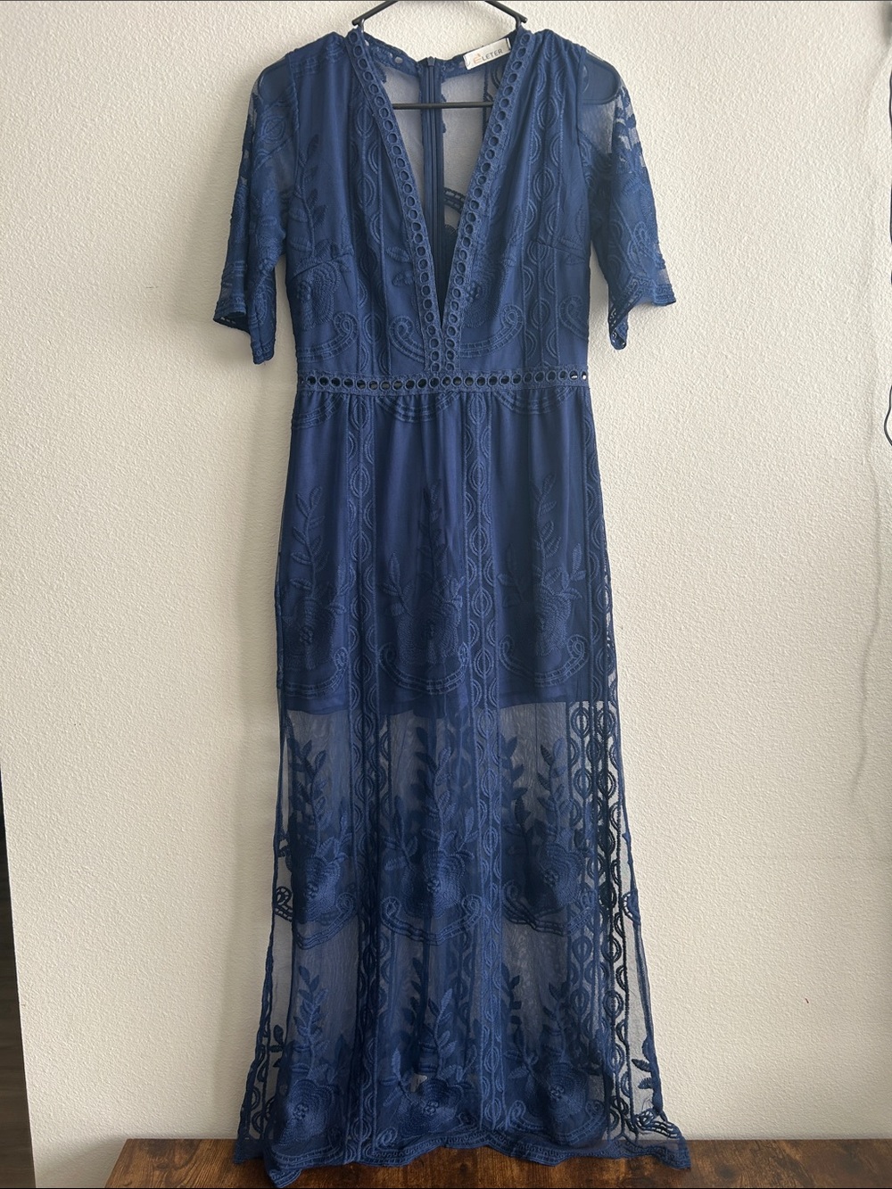 Navy Lace Maxi Dress with Deep V-Neck